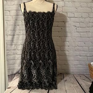 Papell silver and black lace evening dress